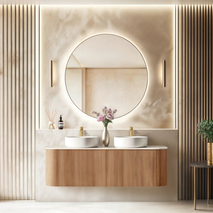 ORIO HAYMAN LIGHT WALNUT FLUTED 1500MM CURVE DOUBLE BOWL WALL HUNG VANITY