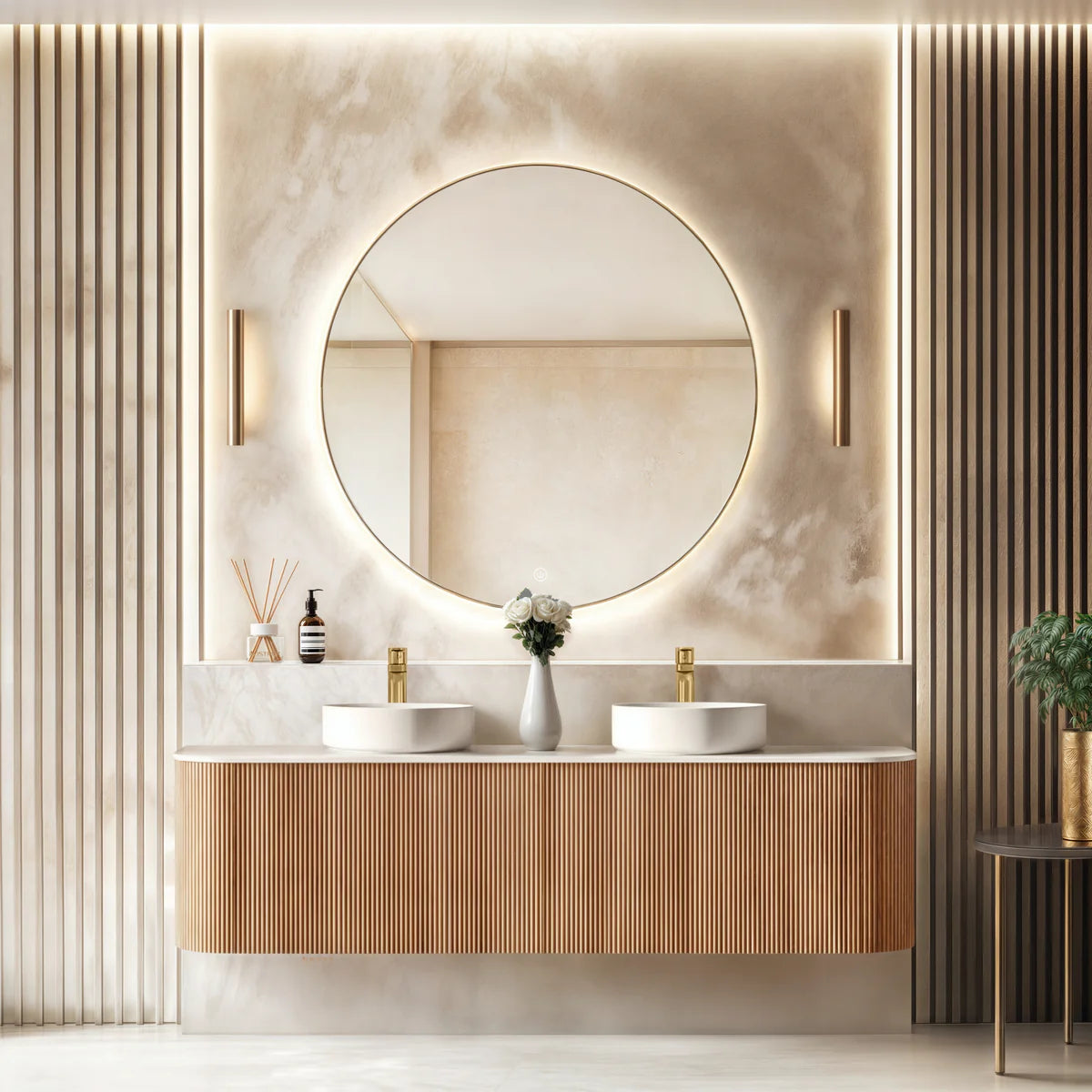 ORIO HAYMAN LIGHT WALNUT FLUTED 1800MM CURVE DOUBLE BOWL WALL HUNG VANITY
