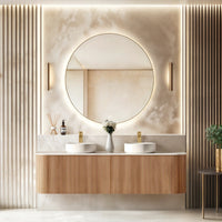 ORIO HAYMAN LIGHT WALNUT FLUTED 1800MM CURVE DOUBLE BOWL WALL HUNG VANITY