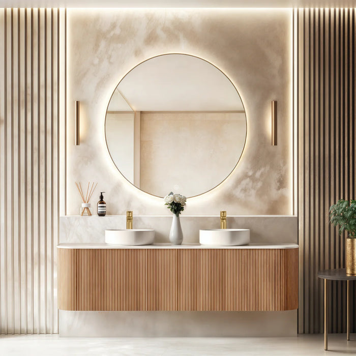 ORIO HAYMAN LIGHT WALNUT FLUTED 1800MM CURVE DOUBLE BOWL WALL HUNG VANITY