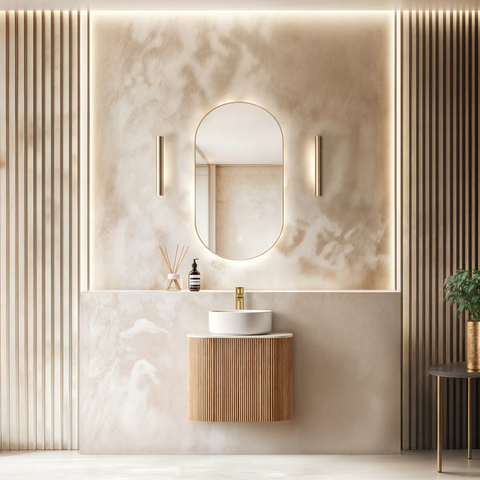 ORIO HAYMAN LIGHT WALNUT FLUTED 600MM CURVE SINGLE BOWL WALL HUNG VANITY