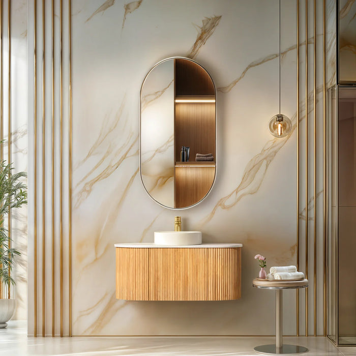 ORIO MONTEBELLO LIGHT WALNUT FLUTED 900MM OVAL SINGLE BOWL WALL HUNG VANITY