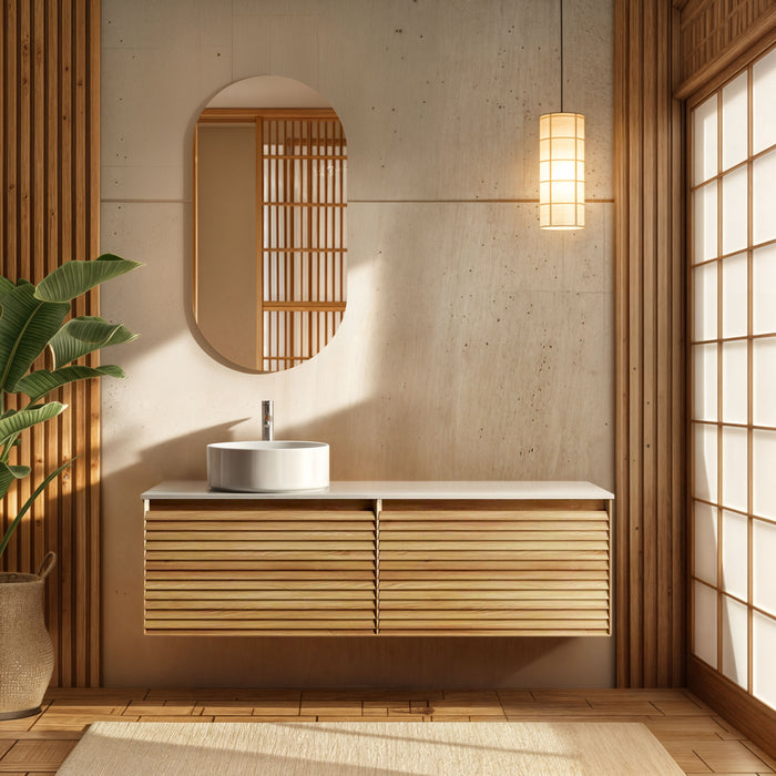 ORIO HAMILTON ACACIA WOOD 1500MM DOUBLE BOWL WALL HUNG VANITY