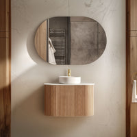 ORIO HAYMAN LIGHT WALNUT FLUTED 750MM CURVE SINGLE BOWL WALL HUNG VANITY